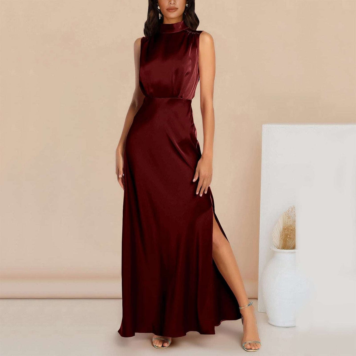 Women's Elegant Satin Stand Collar Long Dress - ChoreGirl