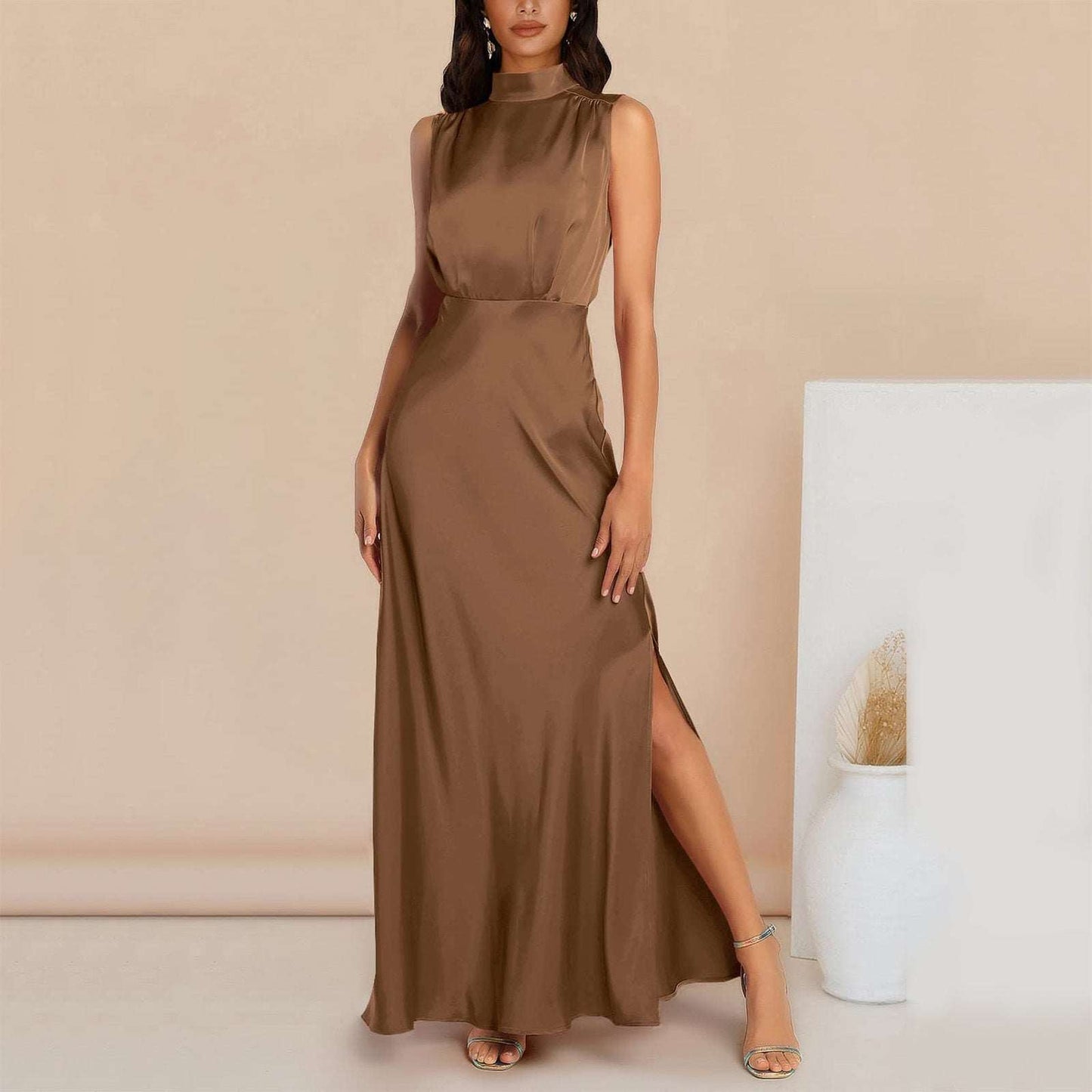 Women's Elegant Satin Stand Collar Long Dress - ChoreGirl
