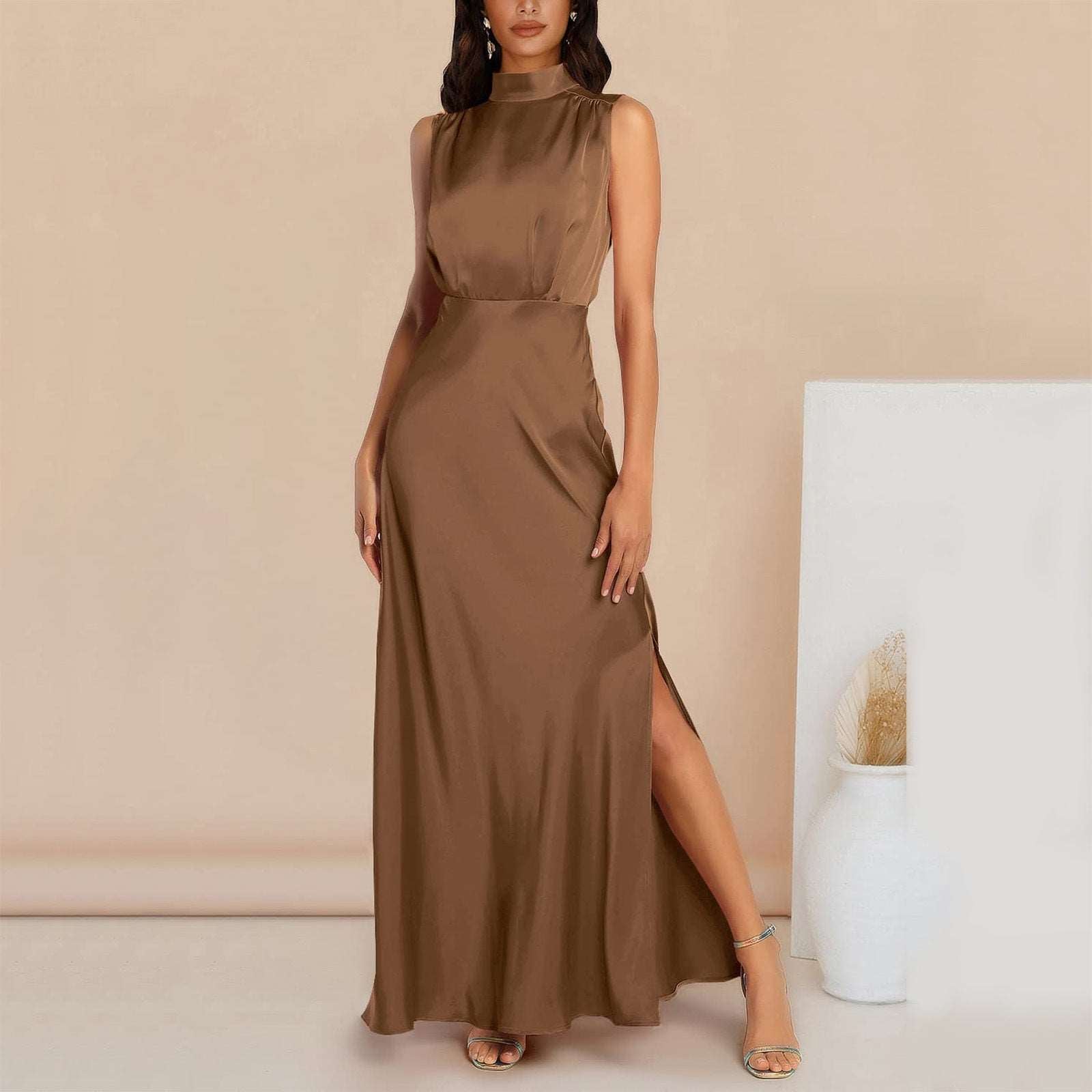 Women's Elegant Satin Stand Collar Long Dress - ChoreGirl