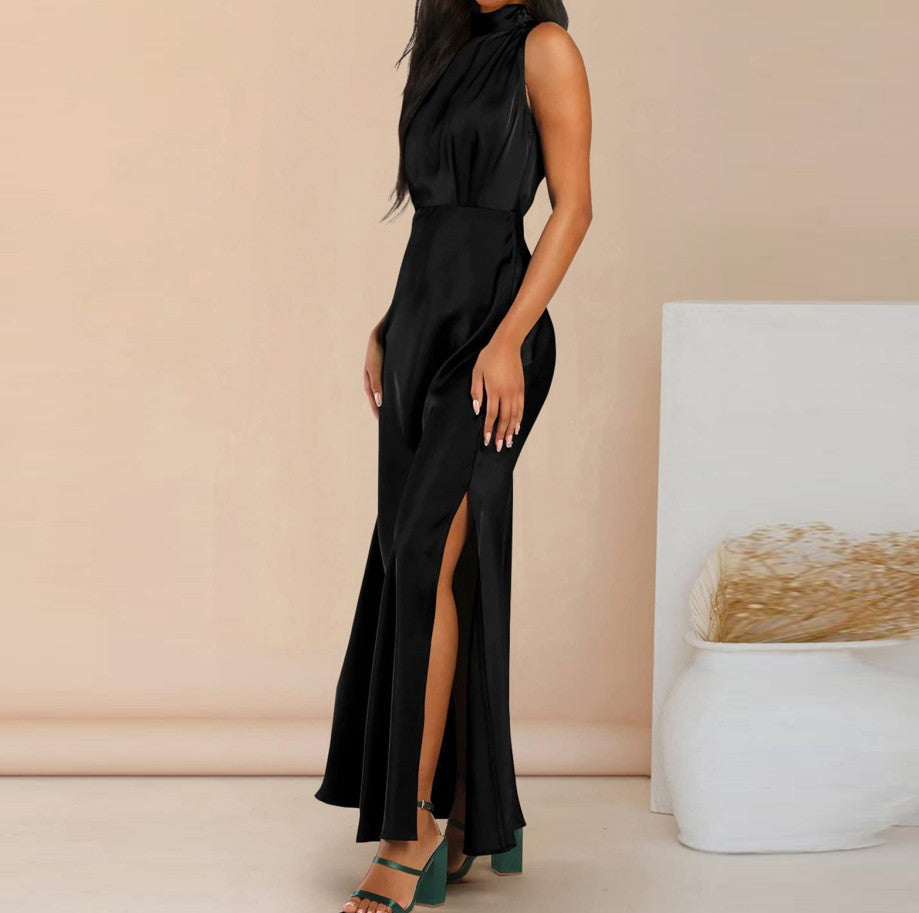 Women's Elegant Satin Stand Collar Long Dress - ChoreGirl