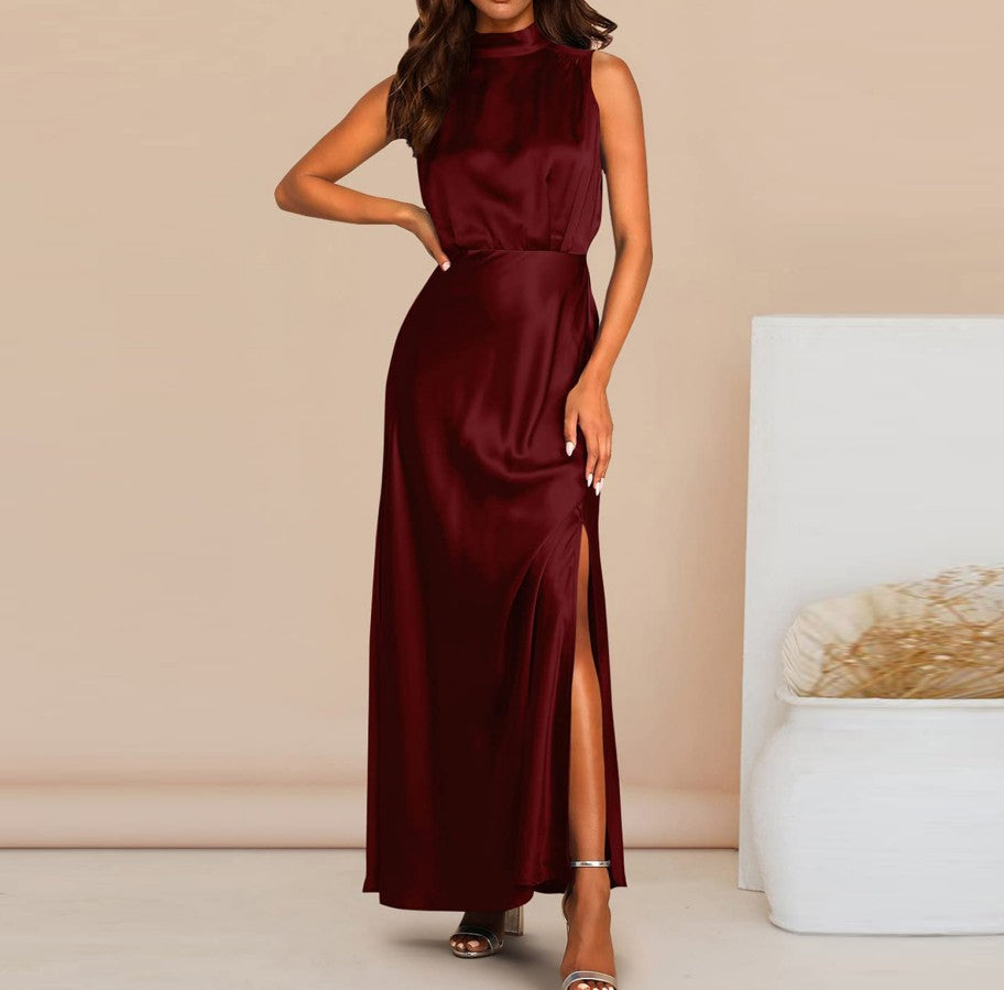 Women's Elegant Satin Stand Collar Long Dress - ChoreGirl