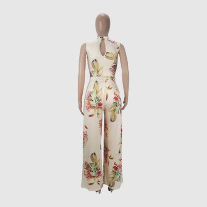 Women's Colorful Pattern Print Sleeveless Wide Leg Pants and Bodysuit Outfit Set - ChoreGirl