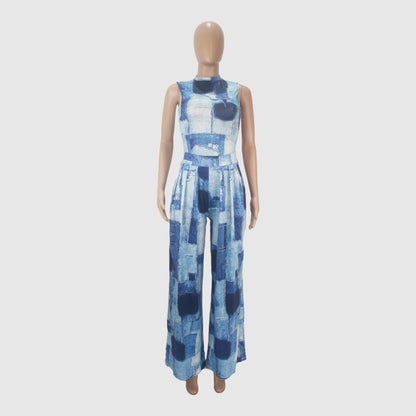 Women's Colorful Pattern Print Sleeveless Wide Leg Pants and Bodysuit Outfit Set - ChoreGirl