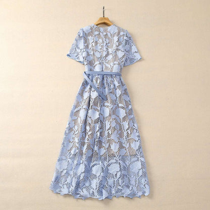 Women's Elegant Vintage Crocheted Round Neck Short Sleeve Dress - ChoreGirl