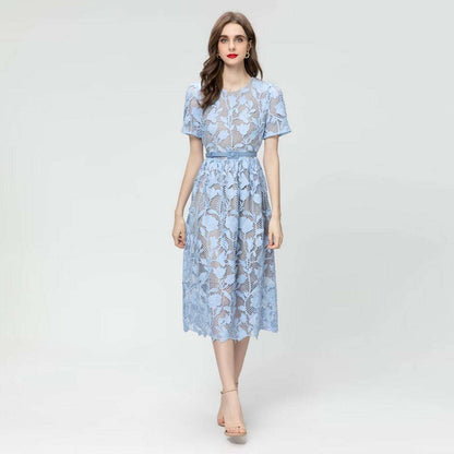 Women's Elegant Vintage Crocheted Round Neck Short Sleeve Dress - ChoreGirl