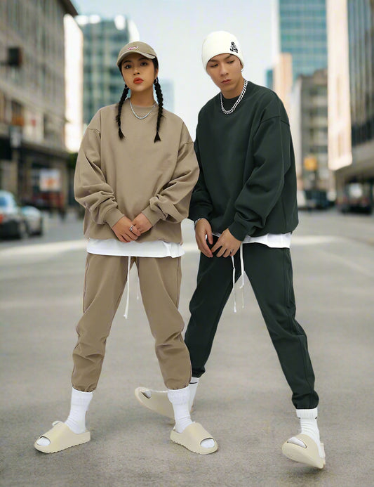 Unisex Heavy Terry Solid Color Loose Round Neck Sweatshirt and Sweatpants - ChoreGirl
