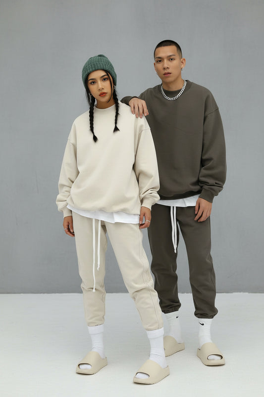 Unisex Heavy Terry Solid Color Loose Round Neck Sweatshirt and Sweatpants - ChoreGirl