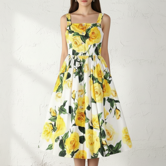 Damen-Swingkleid mit Knopfleiste und Taschen – Baumwolle