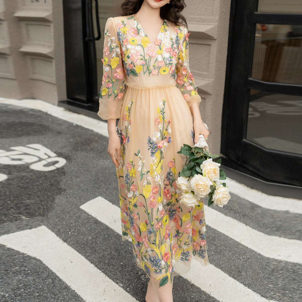 Women's Embroidery Flower Mesh Large Swing Sleeve V-neck Dress - ChoreGirl