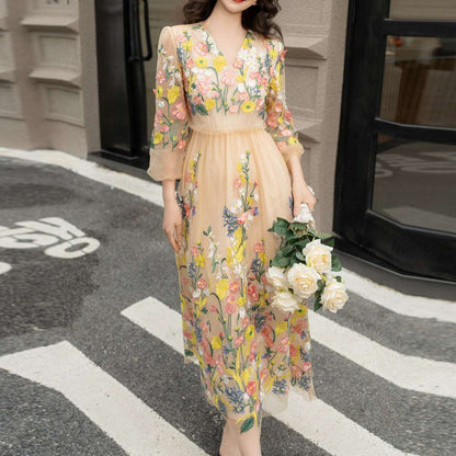 Women's Embroidery Flower Mesh Large Swing Sleeve V-neck Dress - ChoreGirl