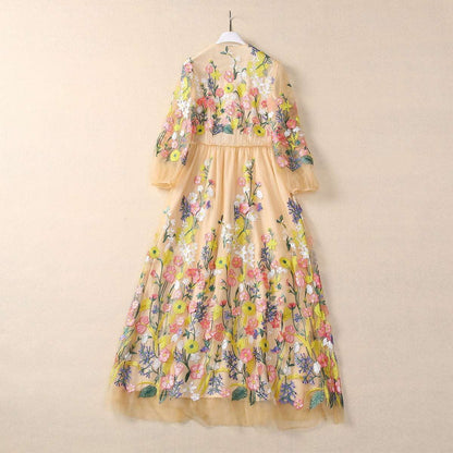 Women's Embroidery Flower Mesh Large Swing Sleeve V-neck Dress - ChoreGirl