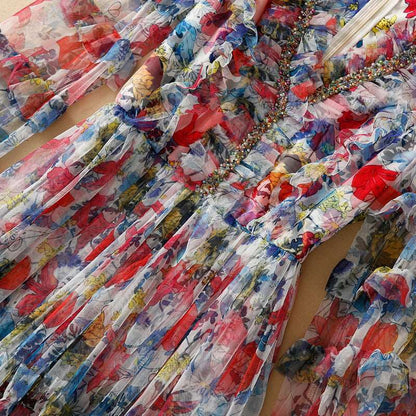 Women's Mesh Floral Beaded V-neck Long-sleeve Large Swing Dress - ChoreGirl