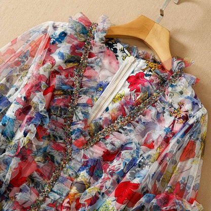 Women's Mesh Floral Beaded V-neck Long-sleeve Large Swing Dress - ChoreGirl