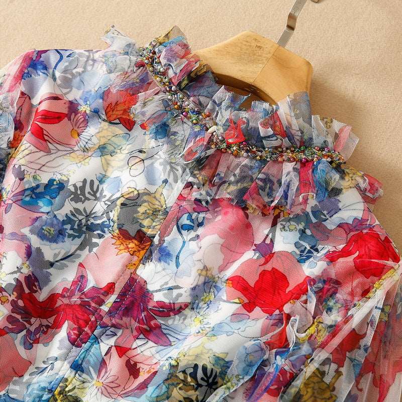 Women's Mesh Floral Beaded V-neck Long-sleeve Large Swing Dress - ChoreGirl