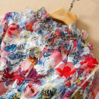 Women's Mesh Floral Beaded V-neck Long-sleeve Large Swing Dress - ChoreGirl