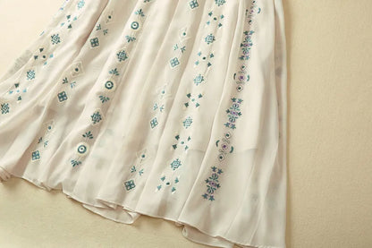 Women's Romantic Pleated Embroidery Long Sleeve Dress - ChoreGirl
