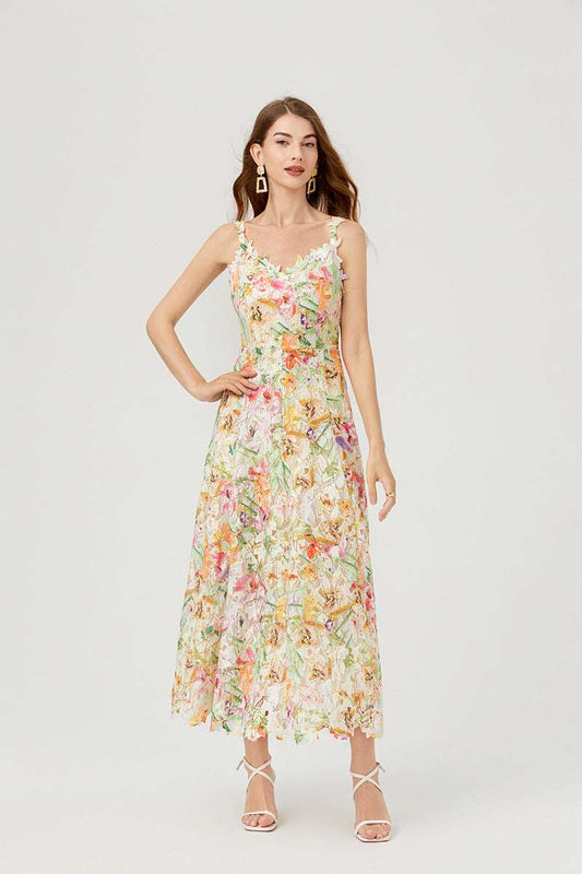 Women's Flower Cutout Embroidered Lace Dress - ChoreGirl