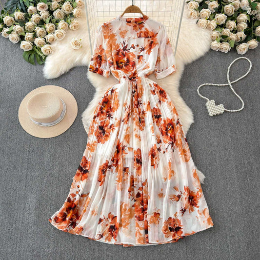 Women's Lace-up Bow Collar Slim Fit Long Chiffon Dress - ChoreGirl
