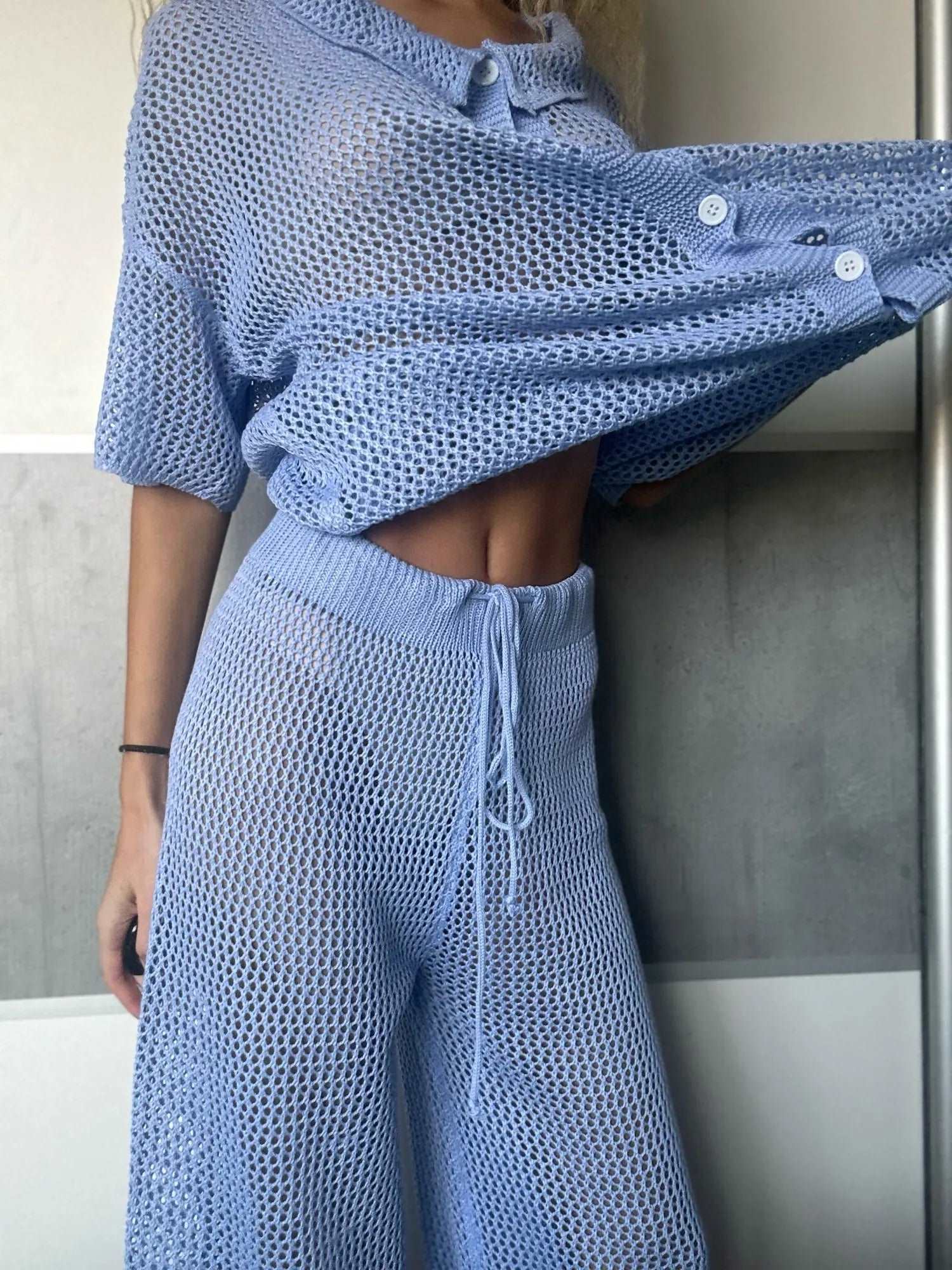 Women's Solid Color Hollow Knitted Beach Swimwear Cover-up Outfit Set - ChoreGirl