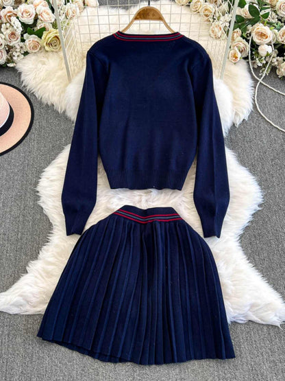 Women's Casual Back to School V-neck Knitted Cardigan and Pleated Skirt Two-piece Outfit Set - ChoreGirl