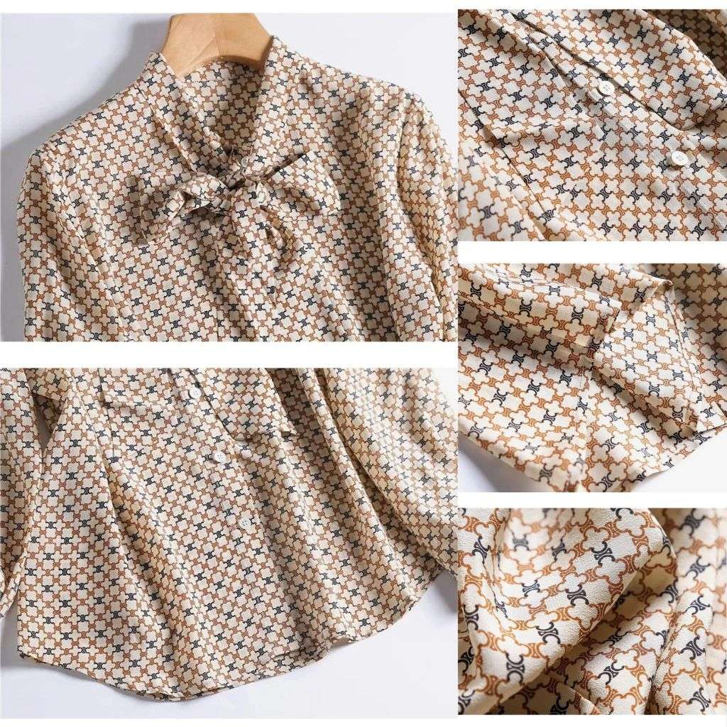 Women’s French Style Loose Button-Up Shirt – Elegant Geometric Print