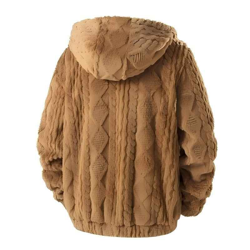 Men's Warm Fleece Padded Zip-up Jacket Hooded or Hoodless, Knit-like Pattern