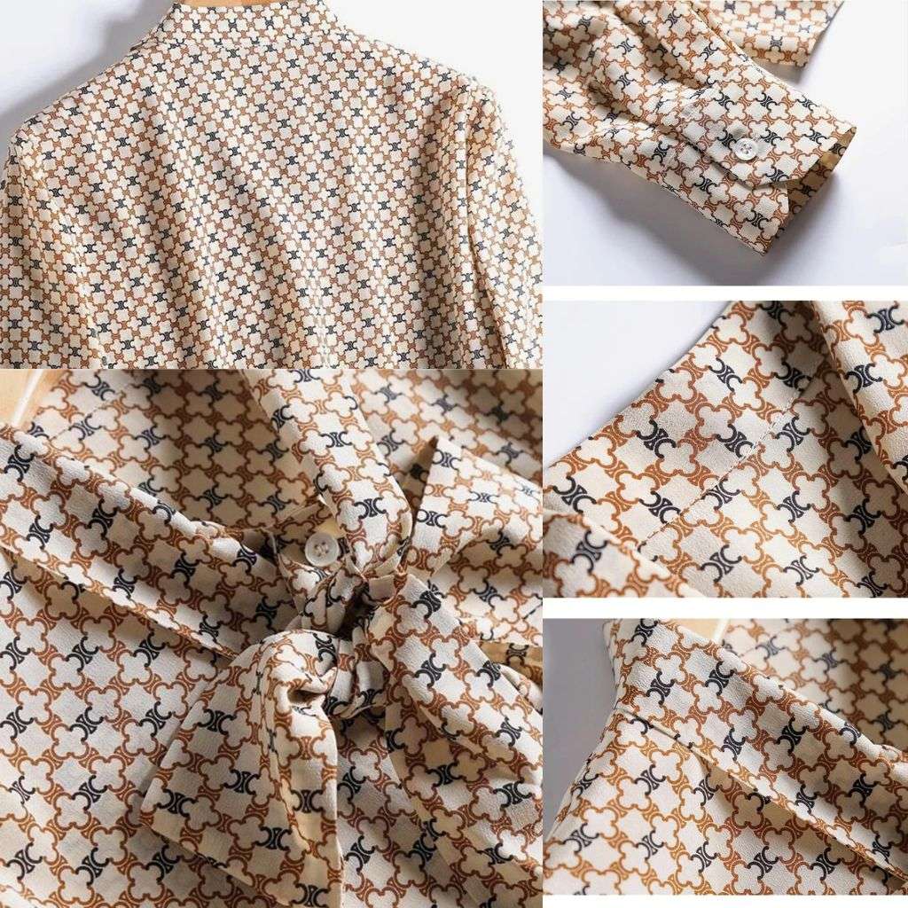 Women’s French Style Loose Button-Up Shirt – Elegant Geometric Print