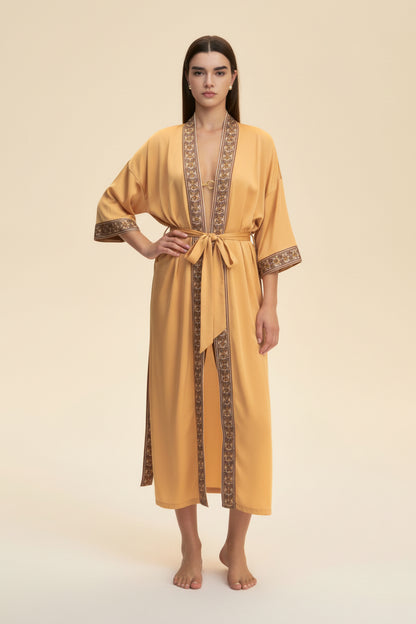 Elegant Solid Color Lace-Trimmed Robe - Women's Satin