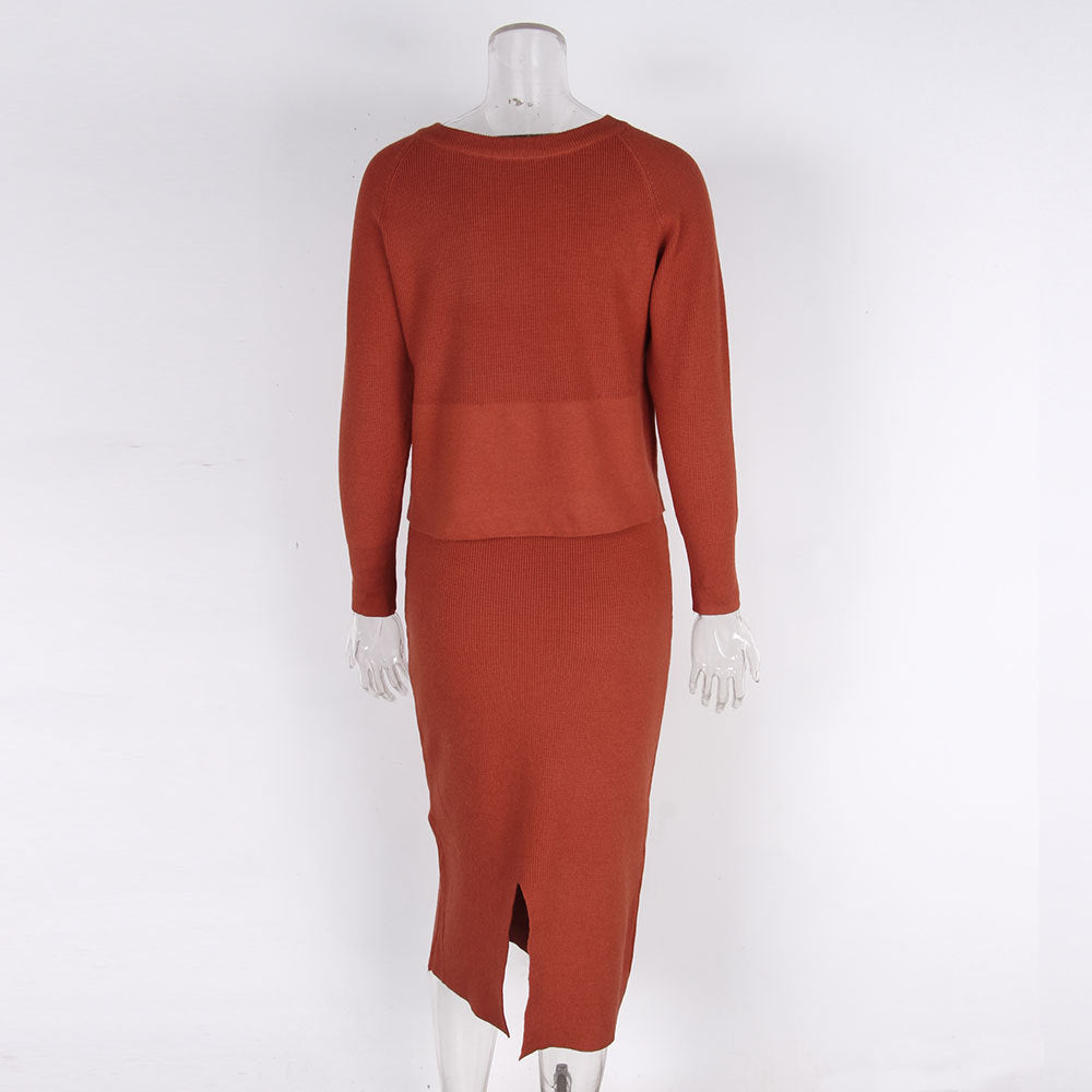 Women's Knitted Long Sleeved Jumper and Long Slit Skirt Outfit Set - ChoreGirl