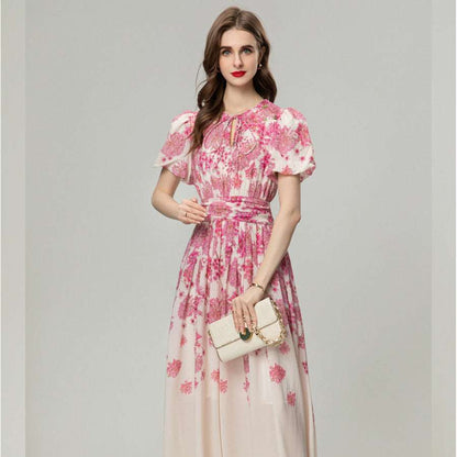 Women's Elegant Waist Sliming Short Sleeve Long Dress - ChoreGirl