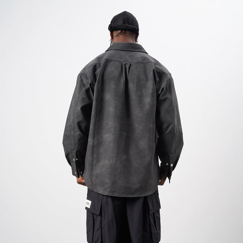 Men's Retro Street Style Washed-out PU Leather Long Sleeved Button-up Shirt - ChoreGirl