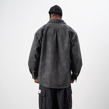 Men's Retro Street Style Washed-out PU Leather Long Sleeved Button-up Shirt - ChoreGirl
