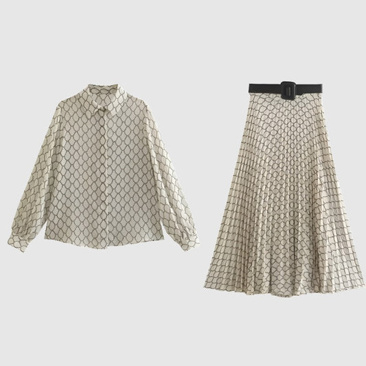 Women's Geometric Pattern Shirt and Skirt With Belt Outfit Set - ChoreGirl
