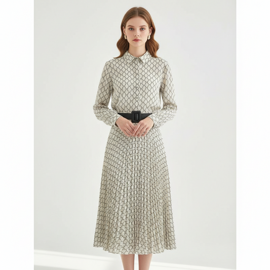 Elegant Geometric Pattern Shirt & Skirt Set with Belt - Women