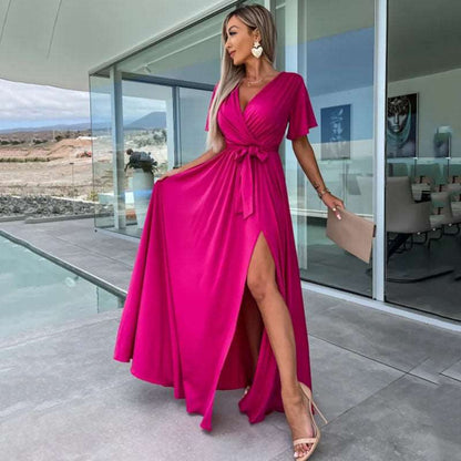 Women's Deep V-neck and Slit Elegant Dress - ChoreGirl