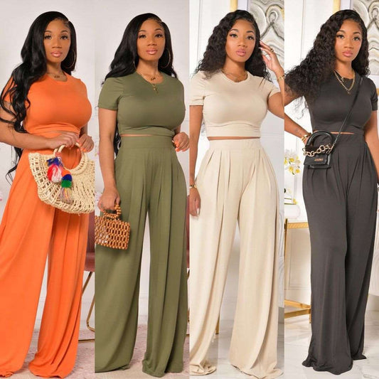 Women's Casual Wide Leg Pants and Short Sleeve Top Two-piece Outfit Set - ChoreGirl