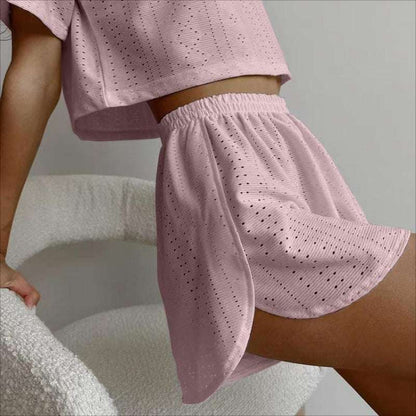 Women's Hollow-out Cropped T-Shirt and Shorts Two-piece Pajamas Set - ChoreGirl