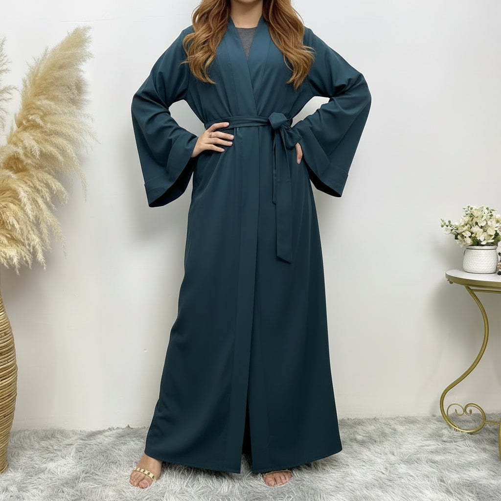 Eleganter, einfarbiger langer Morgenmantel mit Gürtel – Damen, Polyester