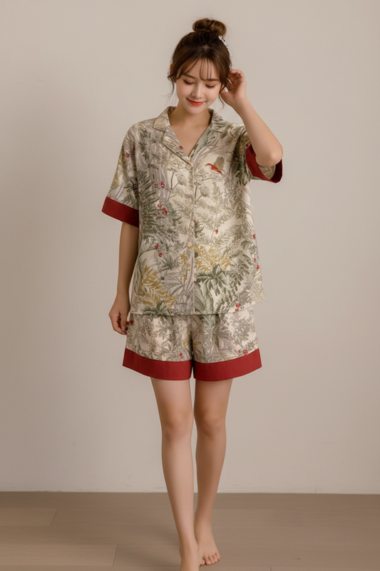Elegant Ice Silk Short Sleeve Pajama Set - Women's Lapel
