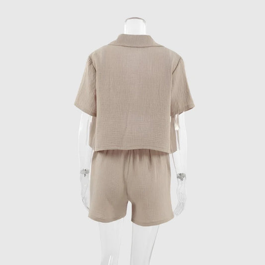 Women's Double-layer Gauze Short Sleeved Shirt, Bra Top and Shorts Loungewear Set - ChoreGirl