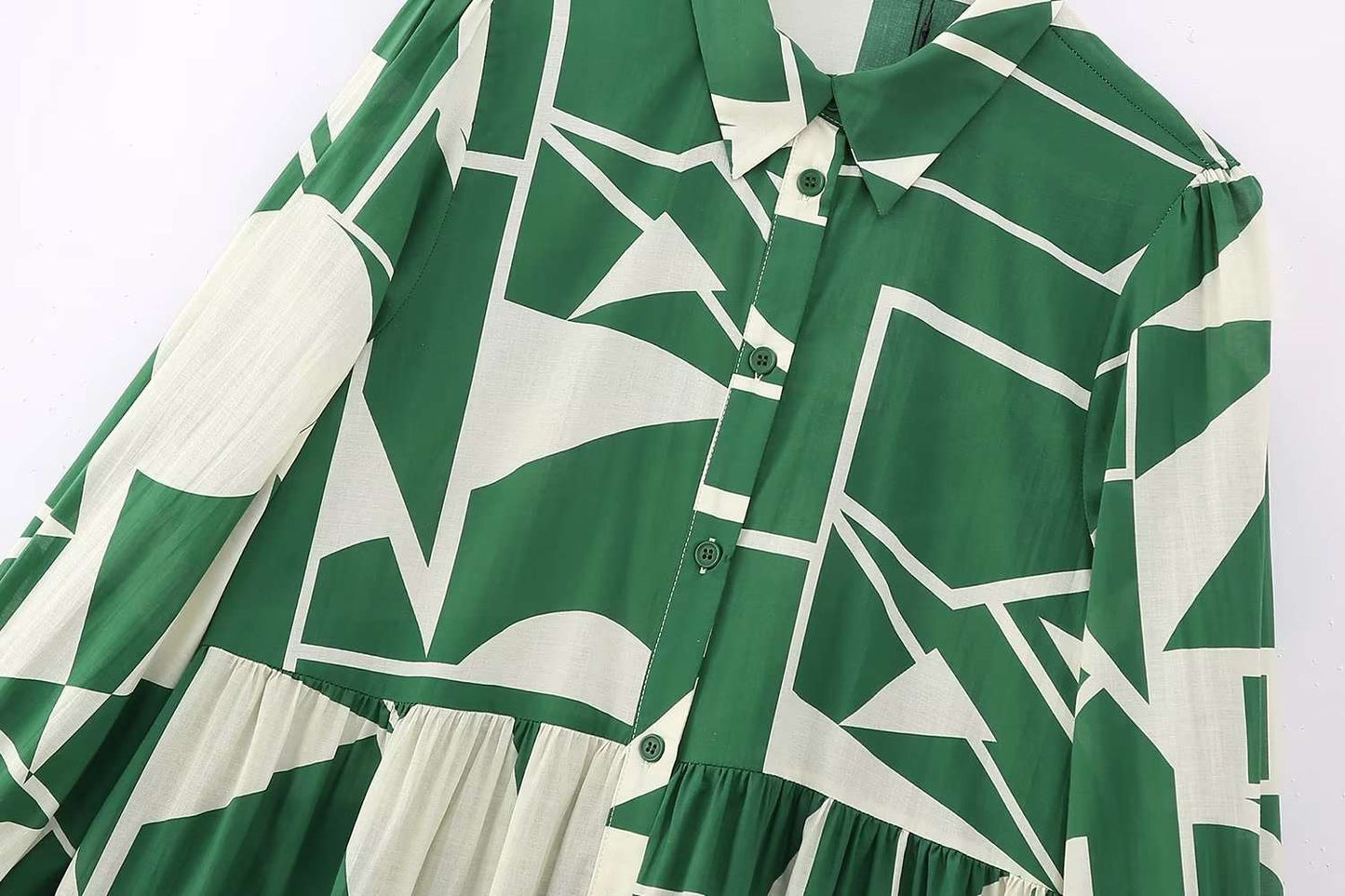 Women's Long Sleeved Green Printed Shirt Dress - ChoreGirl