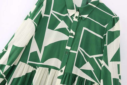Women's Long Sleeved Green Printed Shirt Dress - ChoreGirl