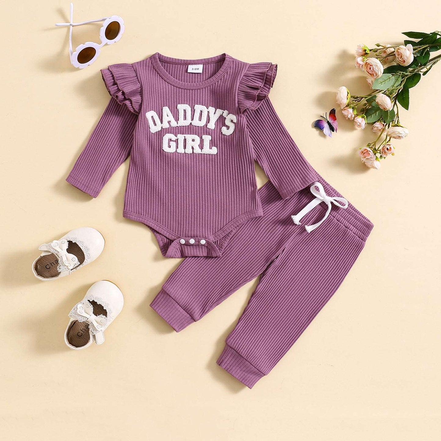 Baby Girl Cute Candy Color Striped and Letter Embroidered Outfit Set - ChoreGirl