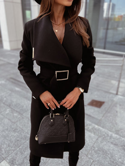 Women's Casual Long Sleeve Button-up V-neck Woolen Coat - ChoreGirl