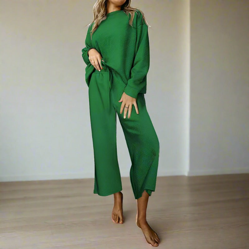 Women's Casual Textured Solid Color Loose Thick Long Sleeved Sweatshirt and Pants Two-piece Outfit Set - ChoreGirl