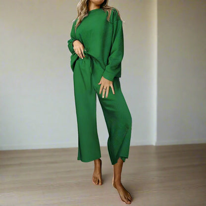 Women's Casual Textured Solid Color Loose Thick Long Sleeved Sweatshirt and Pants Two-piece Outfit Set - ChoreGirl