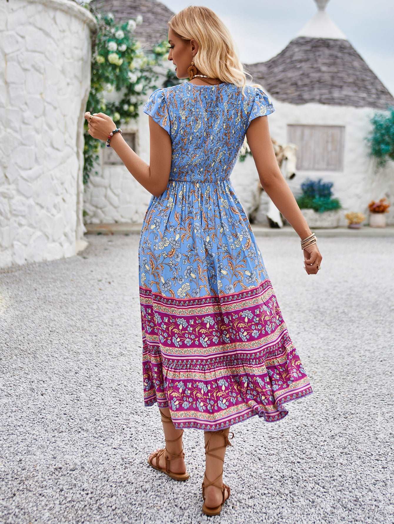 Women's Casual Bohemian Flower Print V-neck Ruffle Sleeveless Dress - ChoreGirl