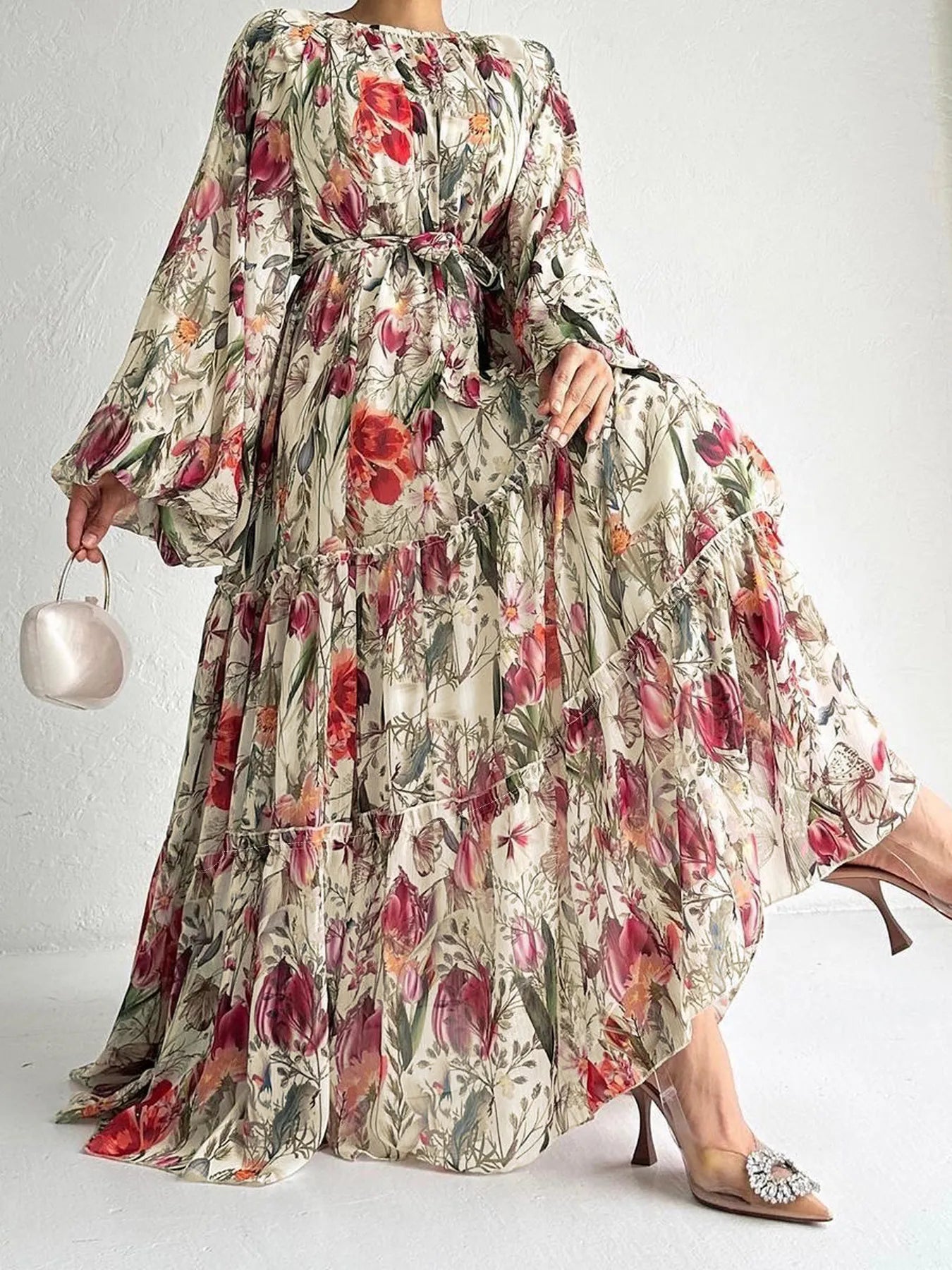 Elegant Floral Print Long Sleeve Maxi Dress - Women