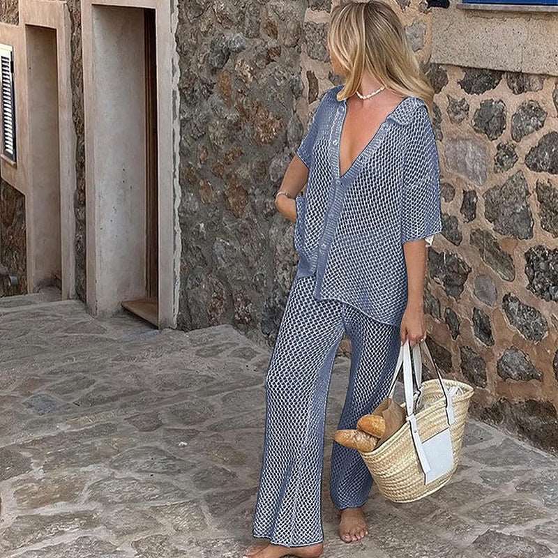 Women's Solid Color Hollow Knitted Beach Swimwear Cover-up Outfit Set - ChoreGirl