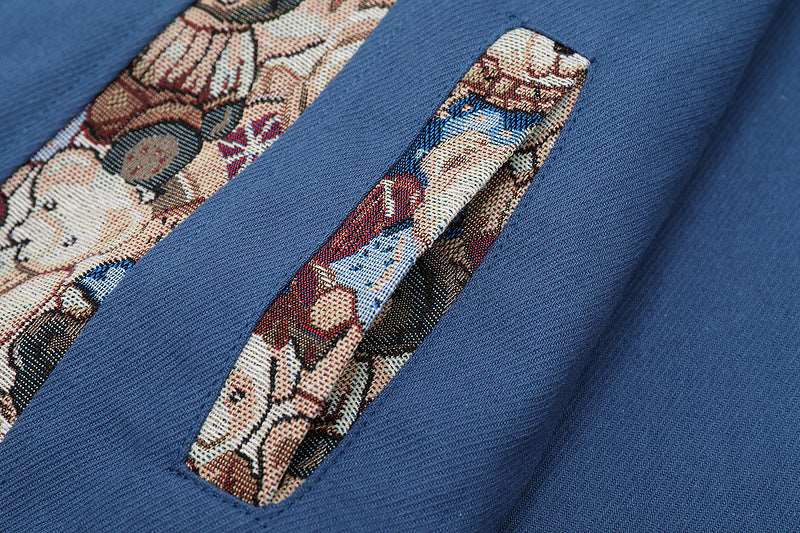 Men's Blue Stitching Patch Pattern Thin Button Up Shirt - ChoreGirl